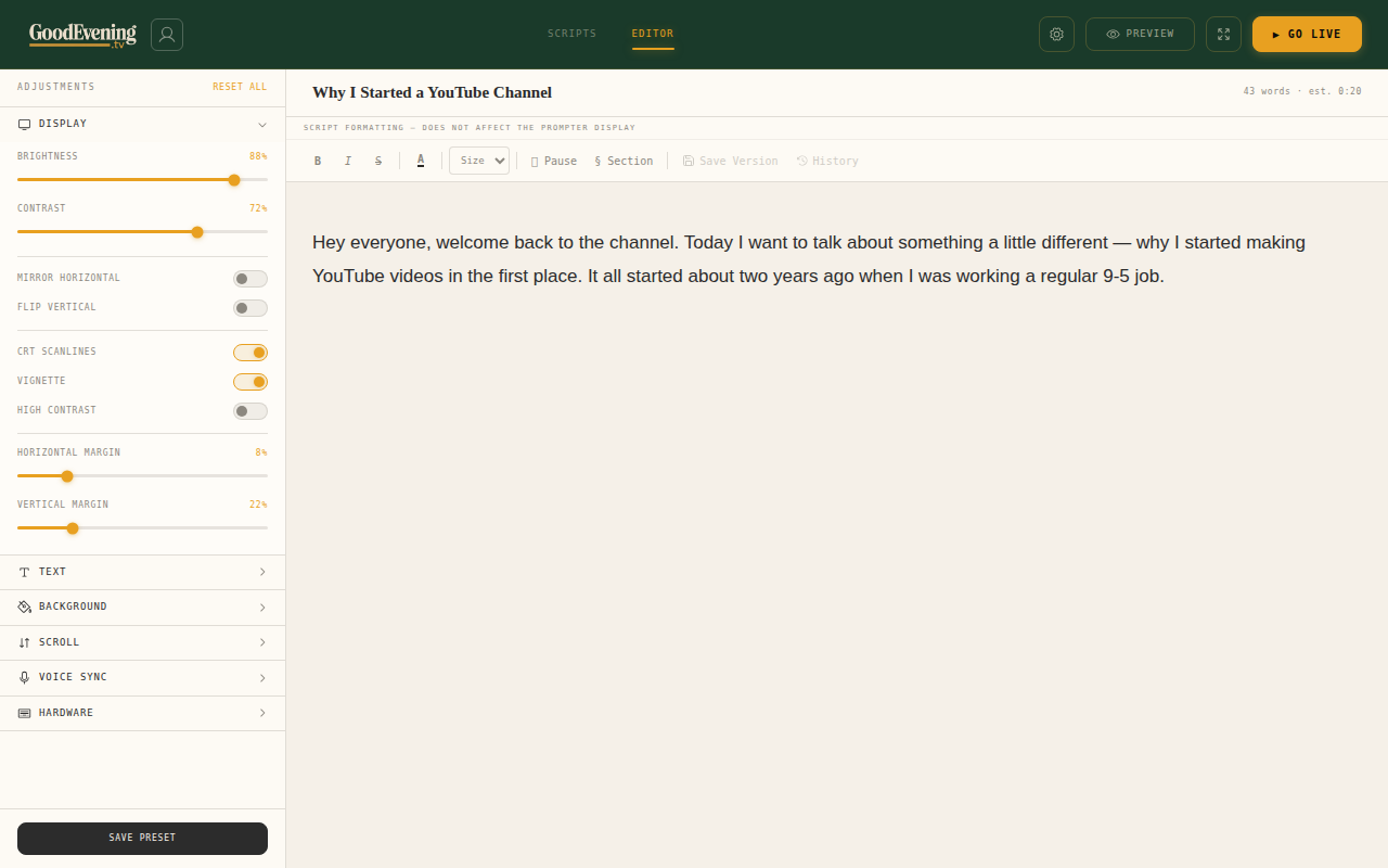 GoodEvening.tv editor with a script open, adjustment panel on the left, and formatting toolbar