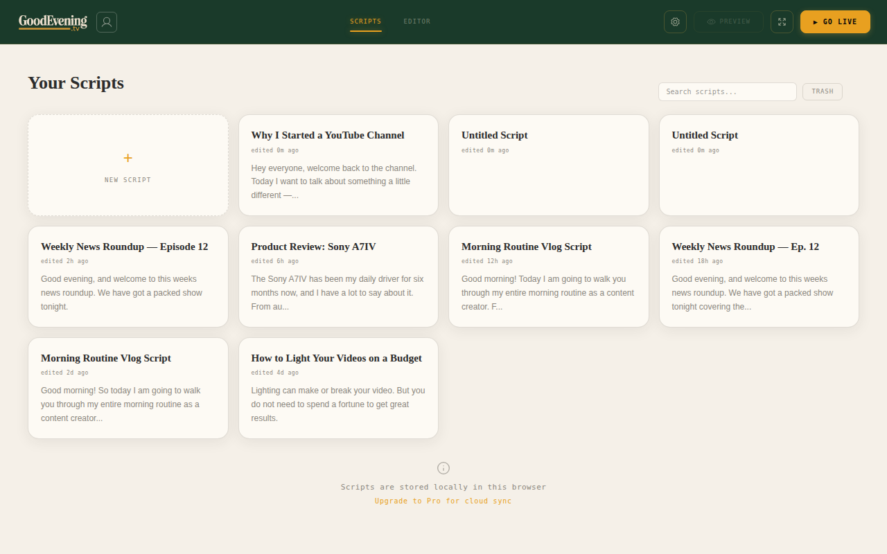 GoodEvening.tv script library showing script cards with titles, previews, and search