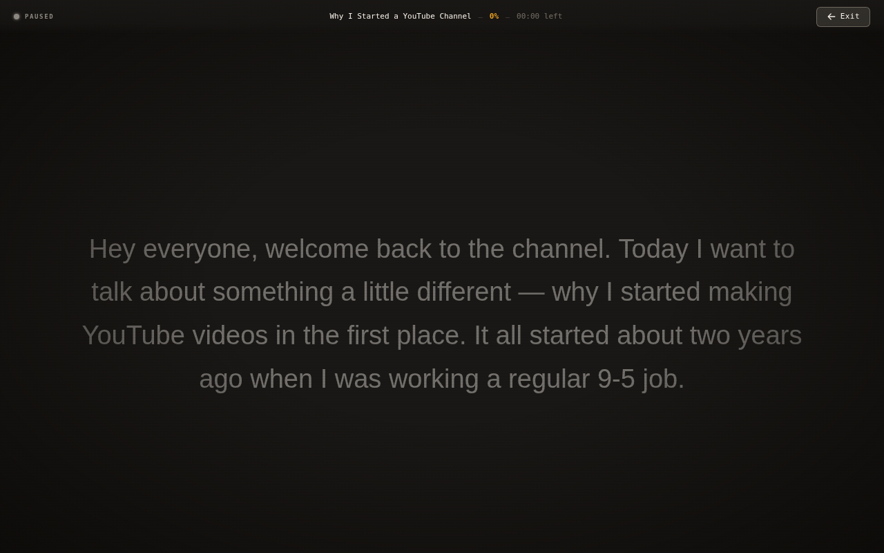 GoodEvening.tv full-screen teleprompter displaying a script with status bar and controls