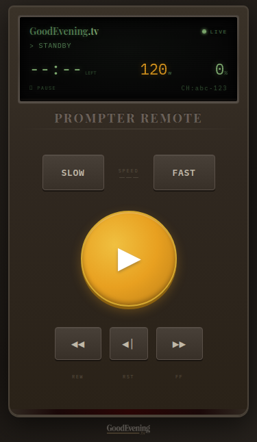 GoodEvening.tv phone remote control with play/pause button, speed controls, and transport buttons