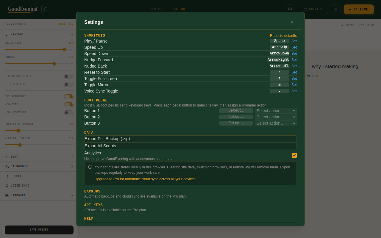 GoodEvening.tv settings modal showing keyboard shortcuts, foot pedal configuration, and data options