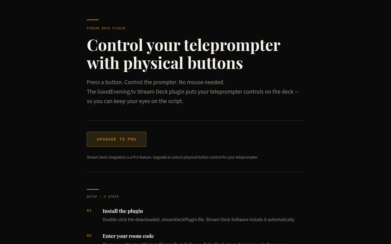 GoodEvening.tv Stream Deck plugin page showing available actions and setup steps