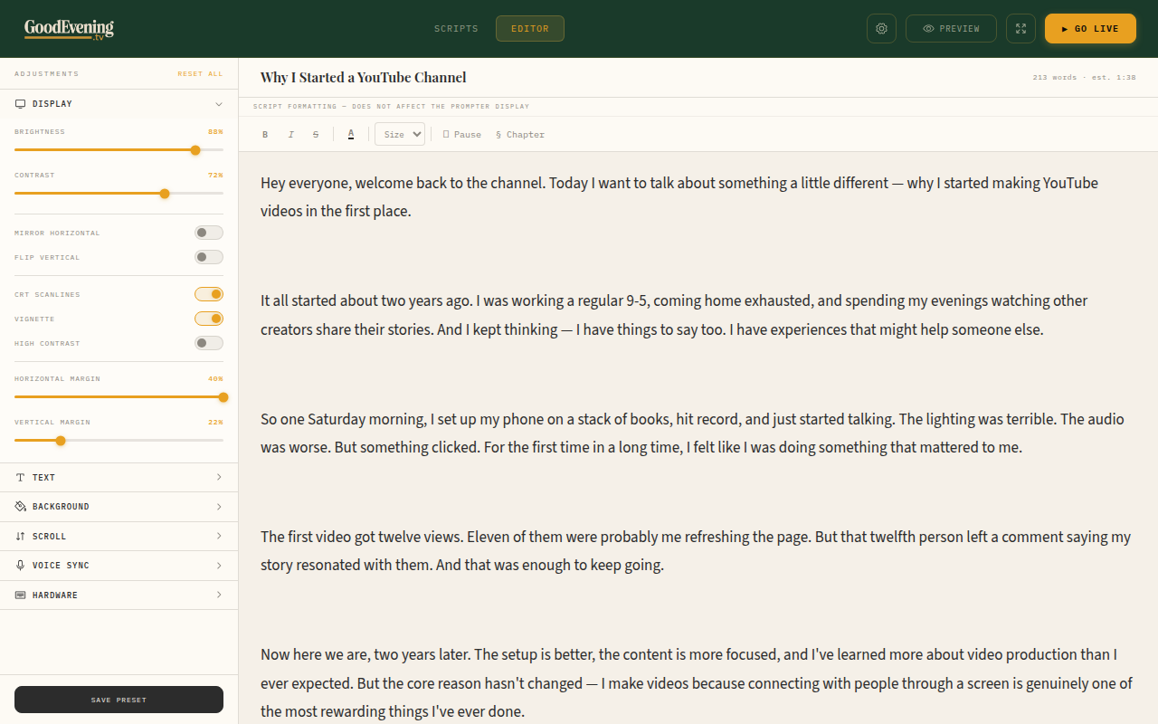 GoodEvening.tv editor with a script titled 'Why I Started a YouTube Channel'