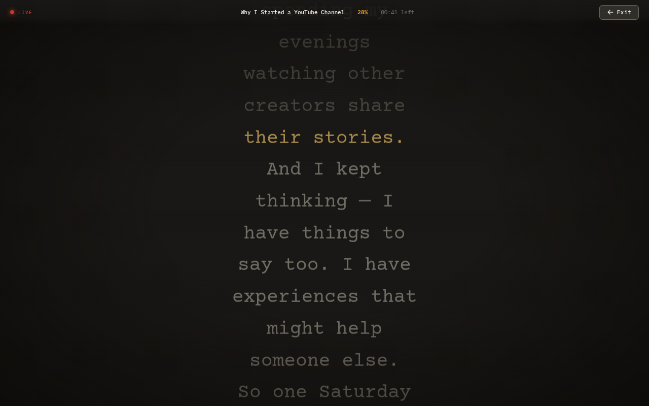 Reading from the GoodEvening.tv teleprompter mid-script at 48% progress